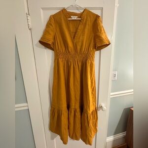 Boden Linen Tiered Midi Dress with Pintuck Detail - Mustard Color, Size 12R